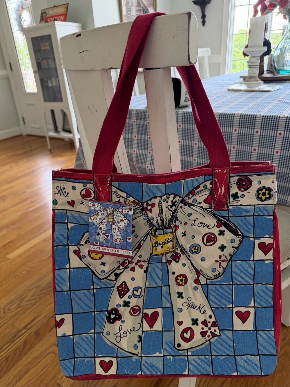 Brighton Blue and Pink Love Sparkle Tote with Bow and Patchwork Hearts - Picture 2 of 13